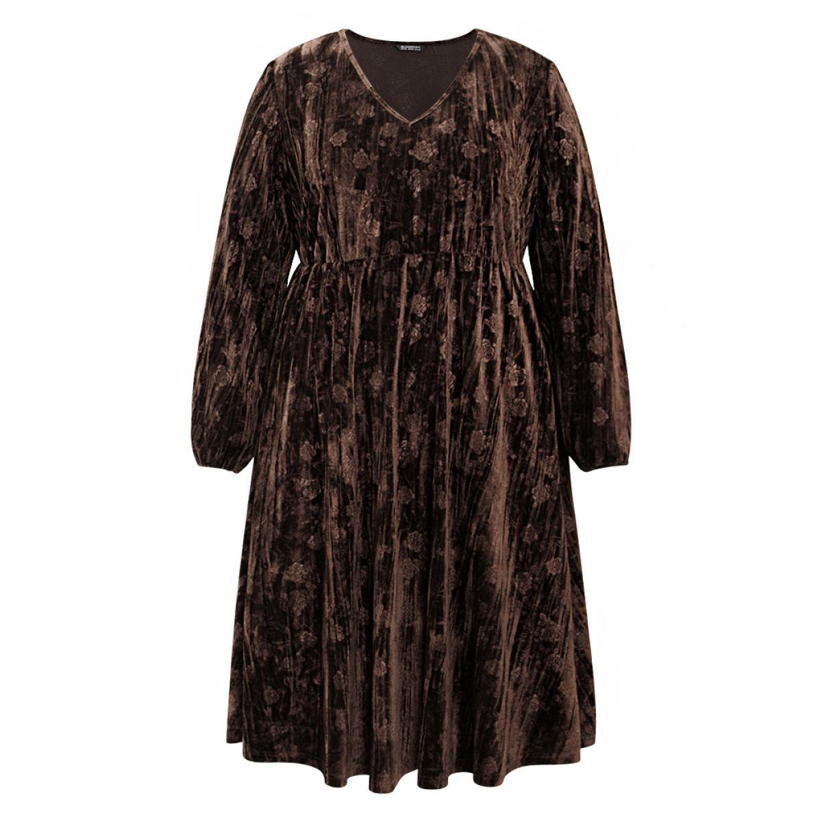 Plus Size Solid Texture Velvet V Neck Lantern Sleeve Dress DarkBrown Women Glamour Velvet V-neck Long Sleeve Curvy Midi Dress BloomChic 14-16/1X Product Image