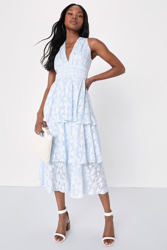 Make It Mesmerizing Light Blue Jacquard Tiered Midi Dress Product Image