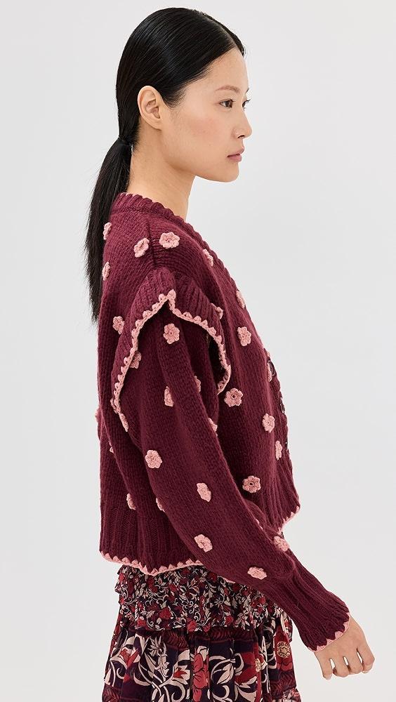 FARM Rio Burgundy Crochet Flowers Knit Cardigan | Shopbop Product Image
