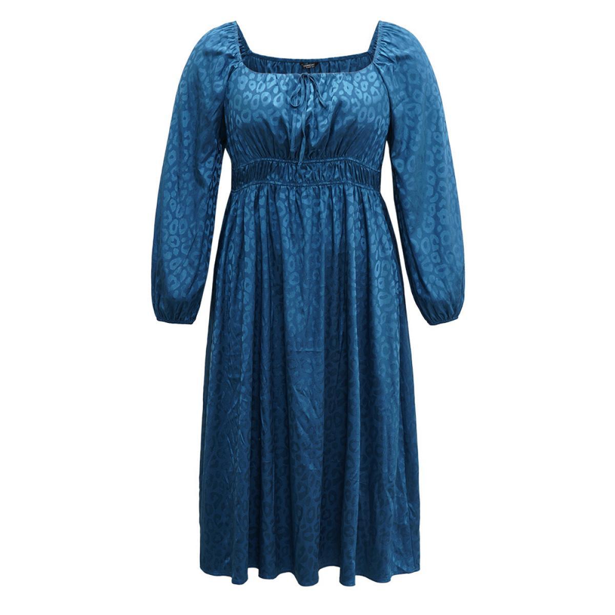 Plus Size Leopard Print Square Neck Shirred Gathered Dress Aegean Women Party Elastic cuffs Square Neck Long Sleeve Curvy Midi Dress BloomChic 26/4X Product Image