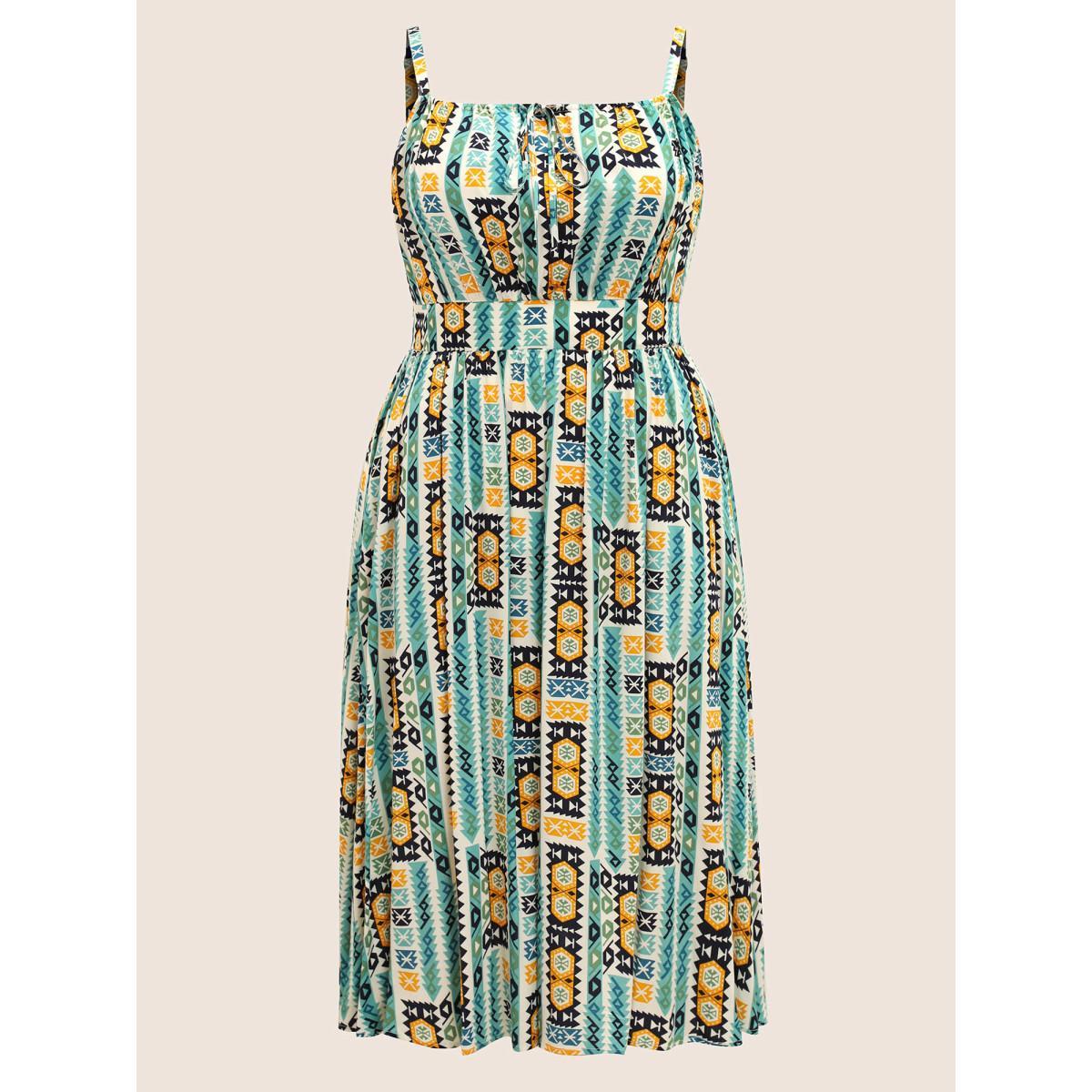 Plus Size Geometric Bandana Print Tie Knot Midi Dress Emerald Women Resort Tie knot Non Sleeveless Curvy BloomChic 26/4X Product Image