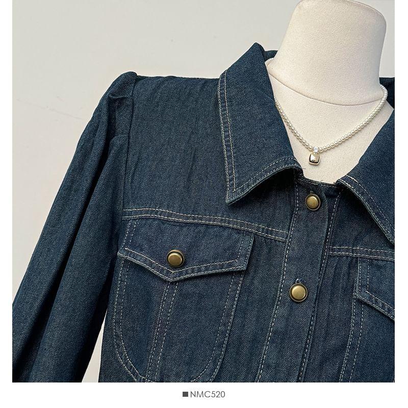 Stitched Denim Midi Shirtdress With Belt Product Image