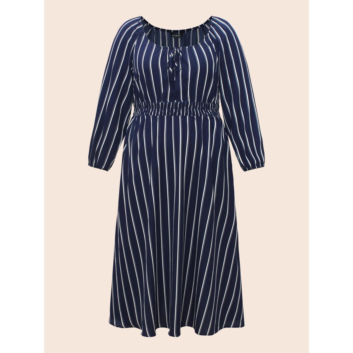 Plus Size Striped Shirred Lantern Sleeve Maxi Dress DarkBlue Women Elegant Tie knot U-neck Long Sleeve Curvy BloomChic 30/6X Product Image