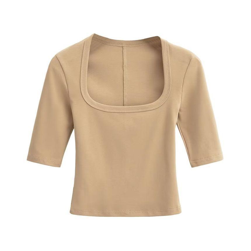 Elbow-Sleeve Square Neck Plain Crop Slim Fit Tee Product Image