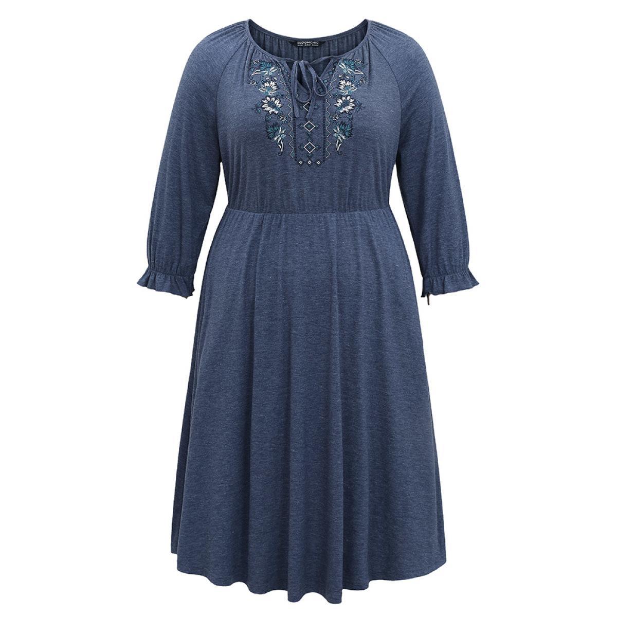 Plus Size Floral Embroidered Knot Neck Lantern Sleeve Dress DarkBlue Women Vacation Plain Tie Neck Elbow-length sleeve Curvy Midi Dress BloomChic 26/4X Product Image