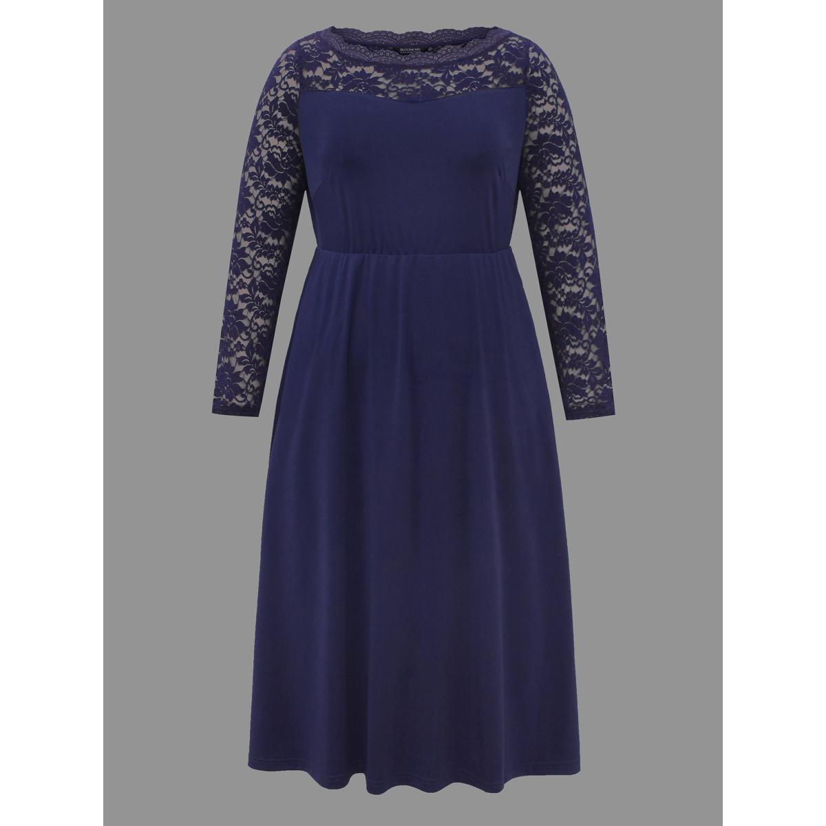 Plus Size Boat Neck Floral Crochet Lace Mesh Dress Indigo Women Cocktail Woven ribbon&lace trim Party Curvy Bloomchic 18-20/2X Product Image