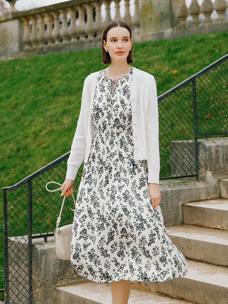 Camellia Print Gathered Waist Women Midi Dress Product Image