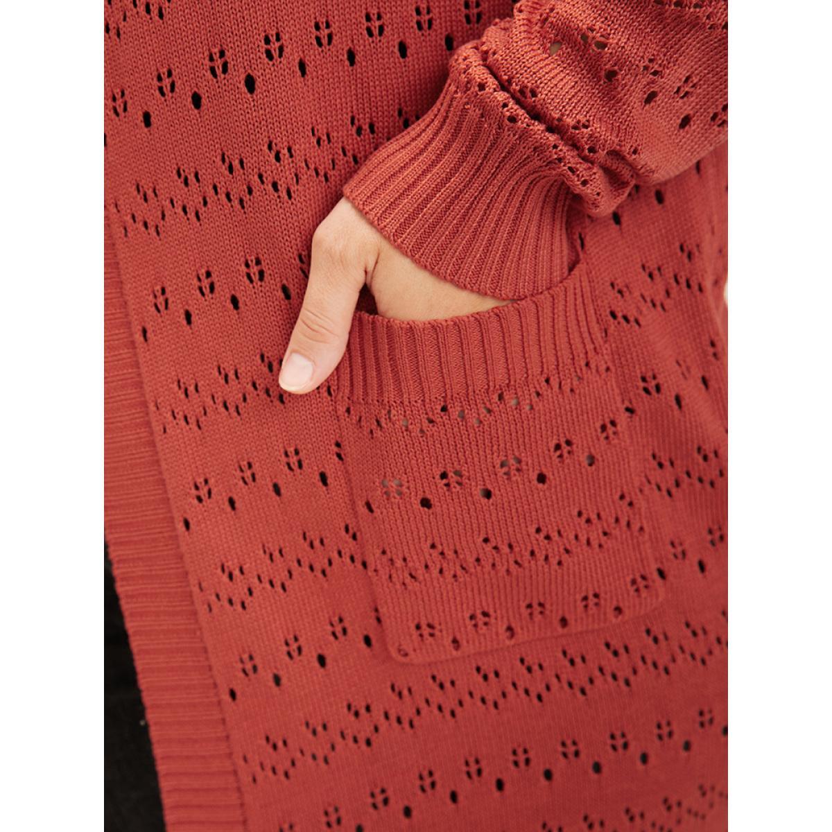 Plus Size Plain Pointelle Knit Pocket Crochet Open Front Hooded Cardigan OrangeRed Women Elegant Loose Long Sleeve Dailywear Cardigans BloomChic 26/4X Product Image