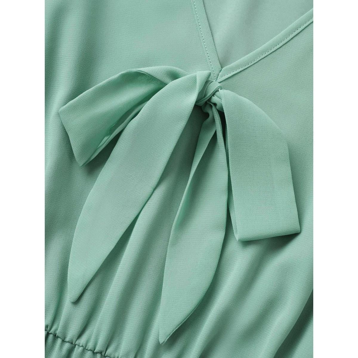 Plus Size Solid Bowknot Patchwork Tiered Ruffle Sleeve Dress Turquoise Women Elegant Non V-neck Half Sleeve Curvy Midi Dress BloomChic 22-24/3X Product Image