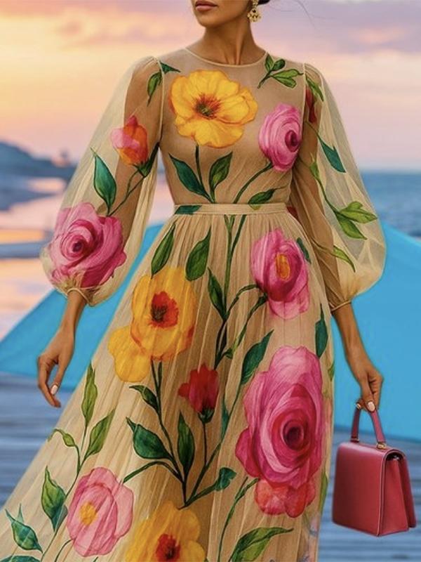 Loose Puff Sleeves Flower Print See-Through Round-Neck Midi Dresses Product Image