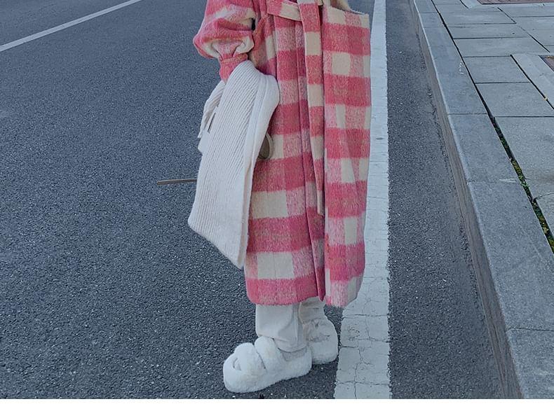 Lapel Collar Plaid Tie Waist Long Coat Product Image