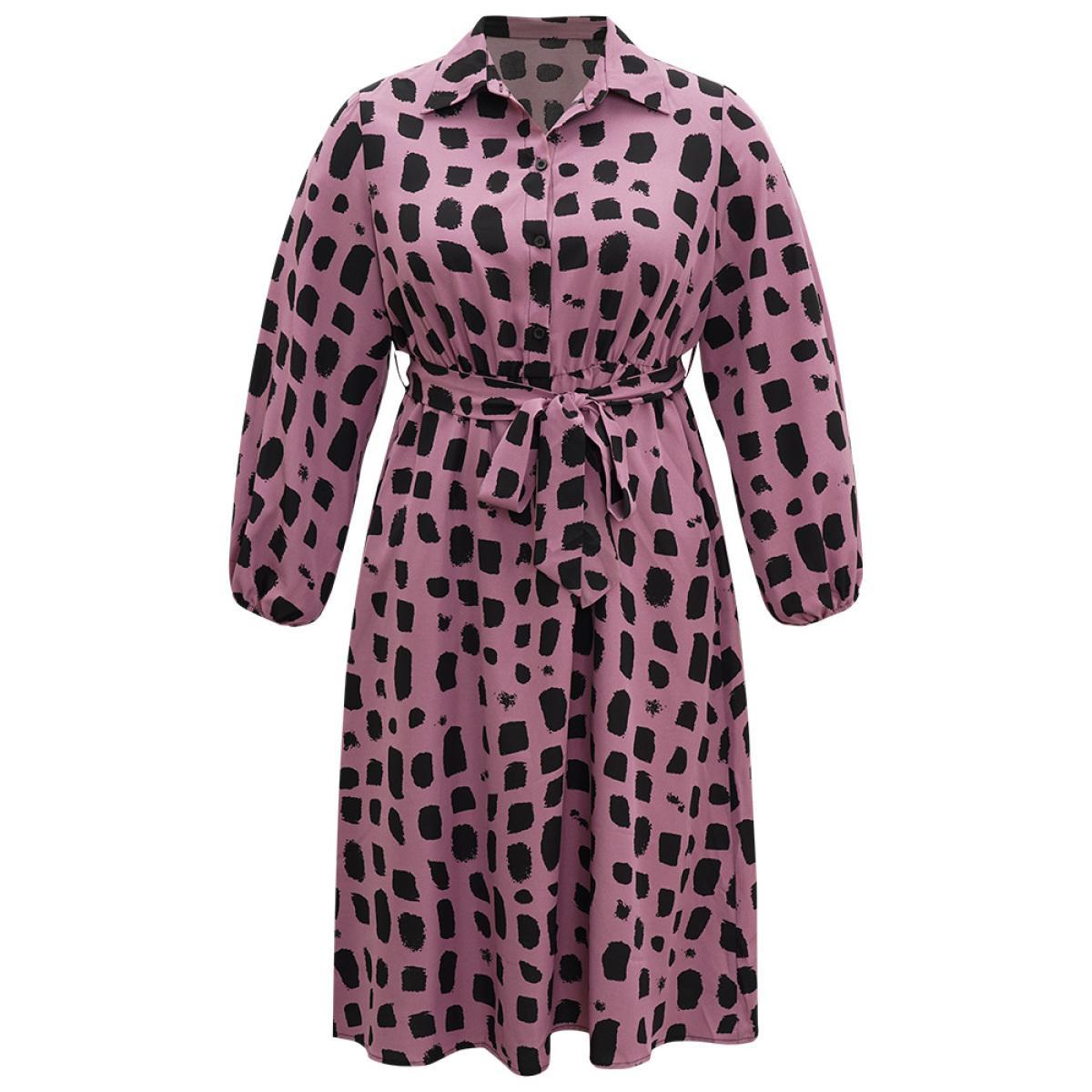 Plus Size Shirt Collar Brush Print Belted Dress Mauve Women Office Belted Shirt collar Long Sleeve Curvy Midi Dress BloomChic 30/6X Product Image