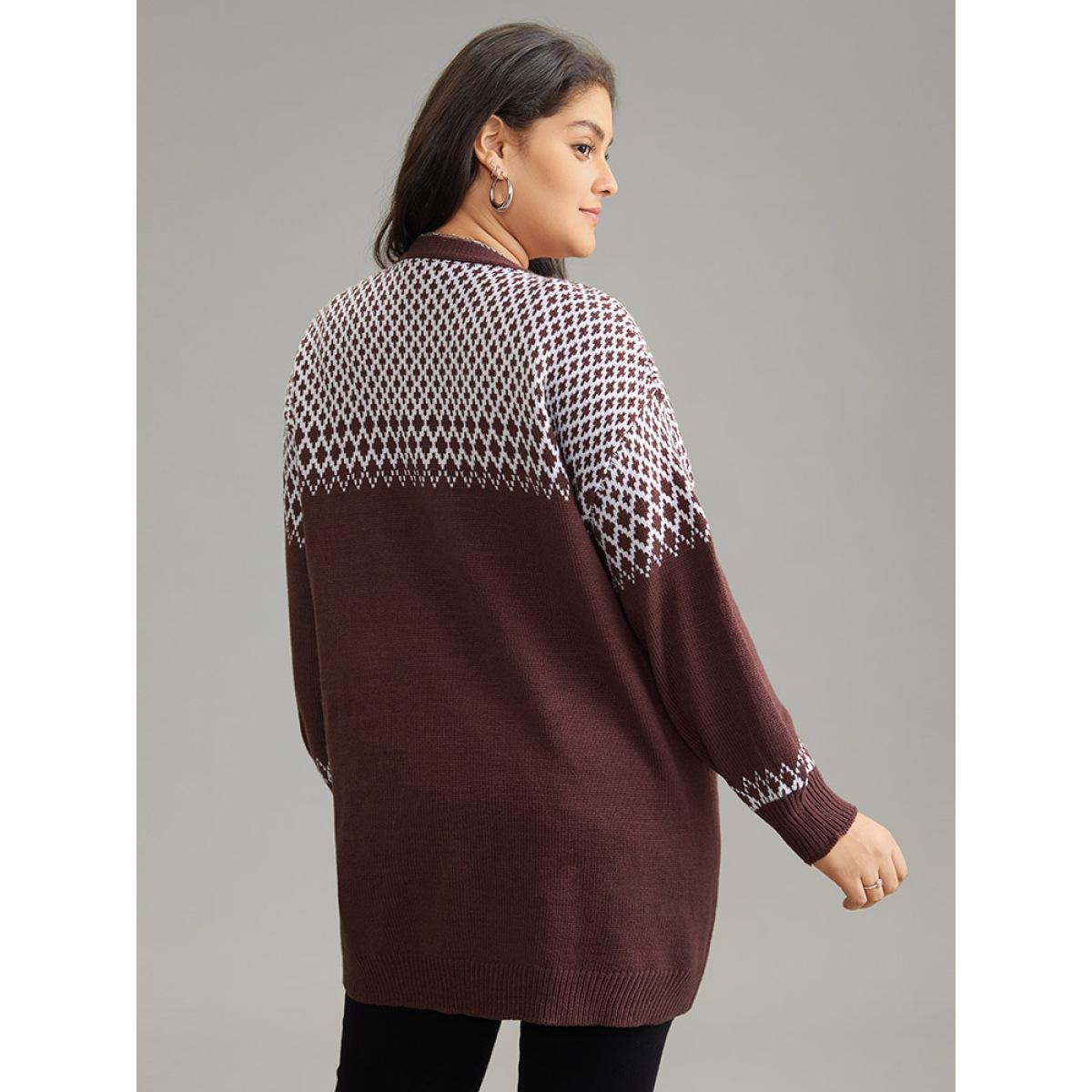 Plus Size Geometric Contrast Patched Pocket Jacquard Cardigan DarkBrown Women Casual Loose Long Sleeve Dailywear Cardigans BloomChic 12/L Product Image