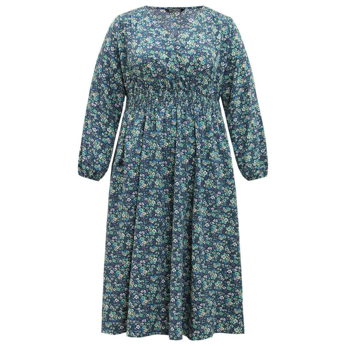 Plus Size Ditsy Floral Wrap Shirred Pocket Lantern Sleeve Dress Indigo Women Elegant Elastic cuffs V-neck Long Sleeve Curvy Midi Dress BloomChic 10/M Product Image