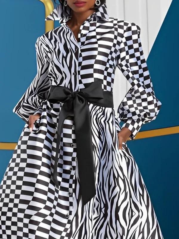 A-Line High Waisted Buttoned Contrast Color Plaid Pockets Tied Waist Lapel Midi Dresses Product Image