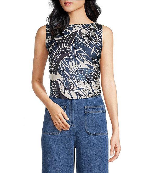 Trina Turk Hakuto Printed Satin Boat Neck Sleeveless Tie Back Top Product Image