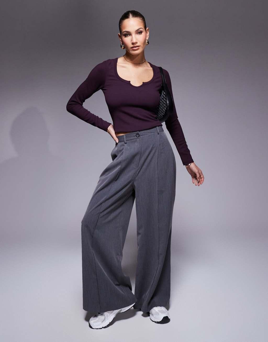 ASOS DESIGN long sleeve ribbed top with notch detail in plum Product Image