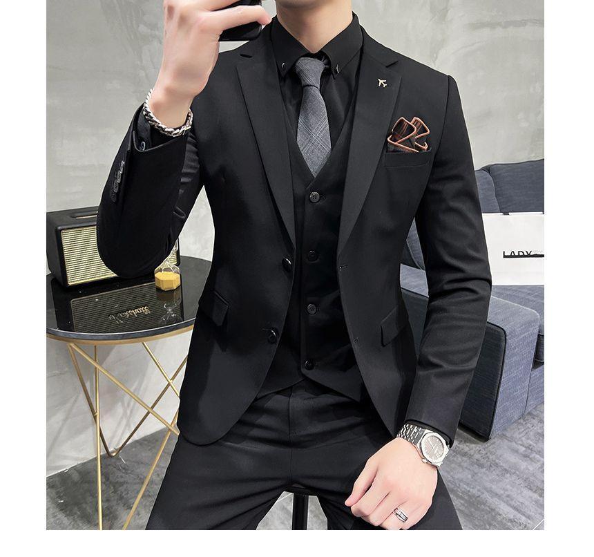 Set: Plain Single-Breasted Blazer + Vest + Straight Leg Dress Pants Product Image