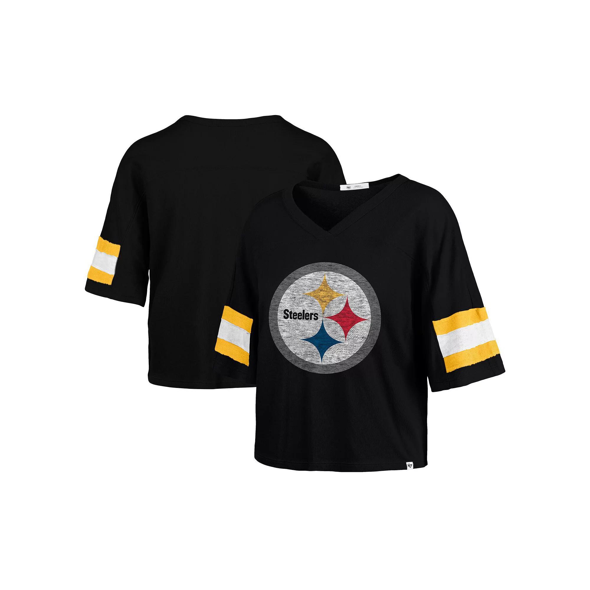 Women's '47 Black Pittsburgh Steelers  Double Header Scout Cropped V-Neck T-Shirt, Size: Small Product Image