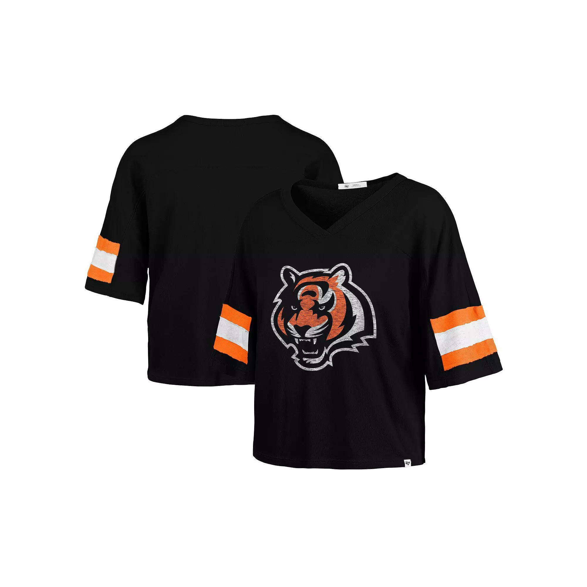 Women's '47 Black Cincinnati Bengals  Double Header Scout Cropped V-Neck T-Shirt, Size: Large Product Image