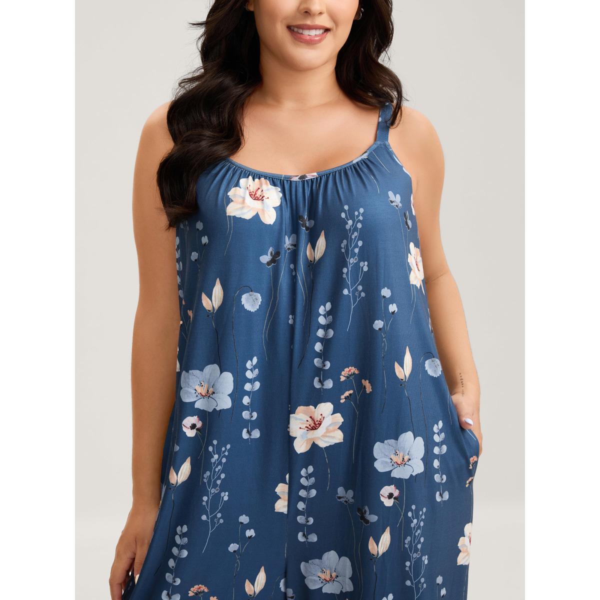 Plus Size Mediumblue Stretchy Lined Floral Print Cami Jumpsuit Women Sleeveless V-neck Everyday-Casual Loose Jumpsuits BloomChic 18-20/2X Product Image
