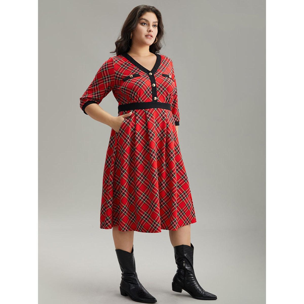 Plus Size Plaid Contrast Trim Pocket Button Detail Dress Raspberry Women Casual Printed V-neck Elbow-length sleeve Curvy Midi Dress BloomChic 22-24/3X Product Image