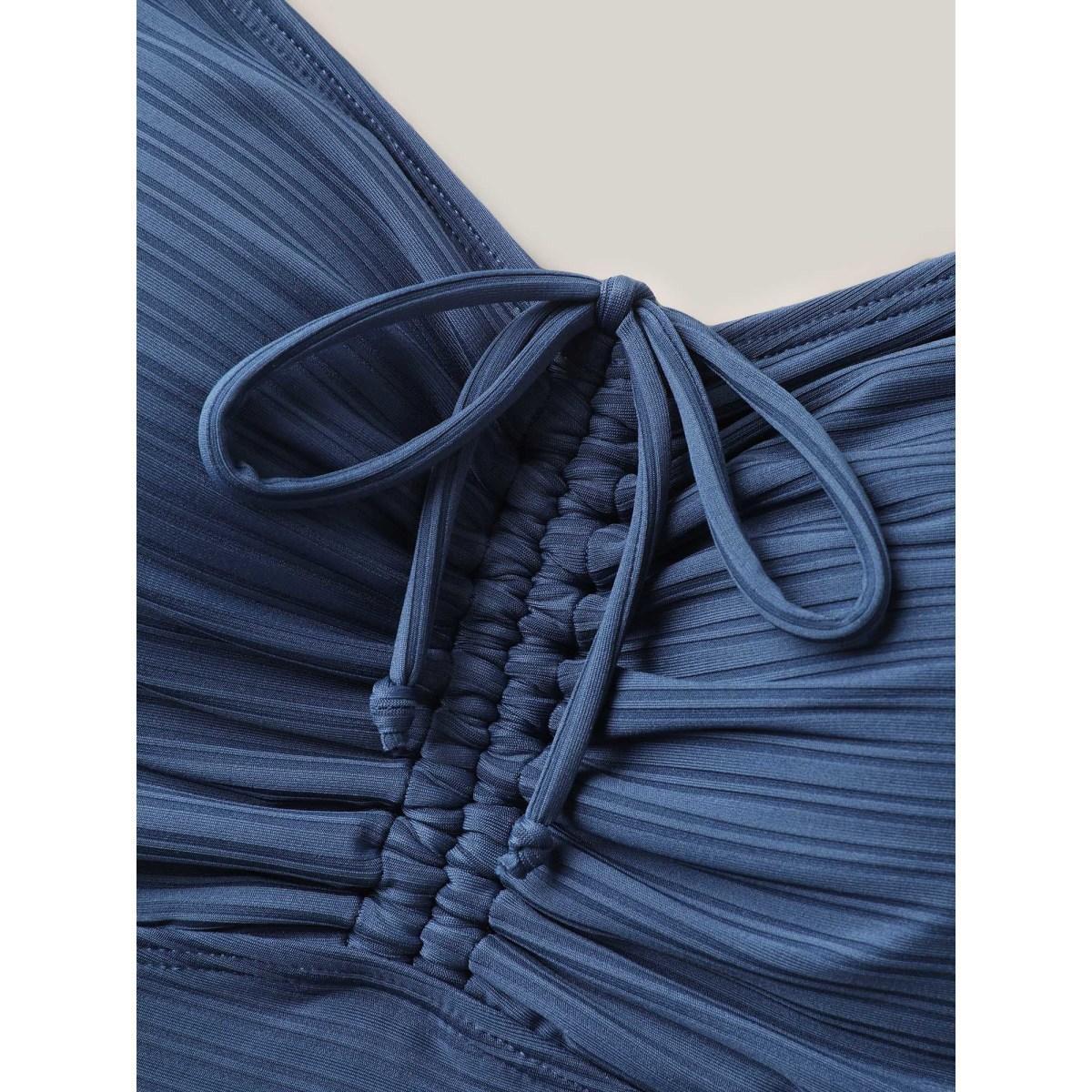 Plus Size Textured Channel Drawstring One-Piece Swimsuit Women's Swimwear Mediumblue Beach Texture Curve Bathing Suits High stretch One Pieces BloomChic 22-24/3X Product Image