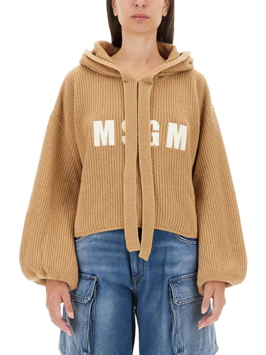 MSGM Logo-embroidered Hooded Jumper In Beige Product Image
