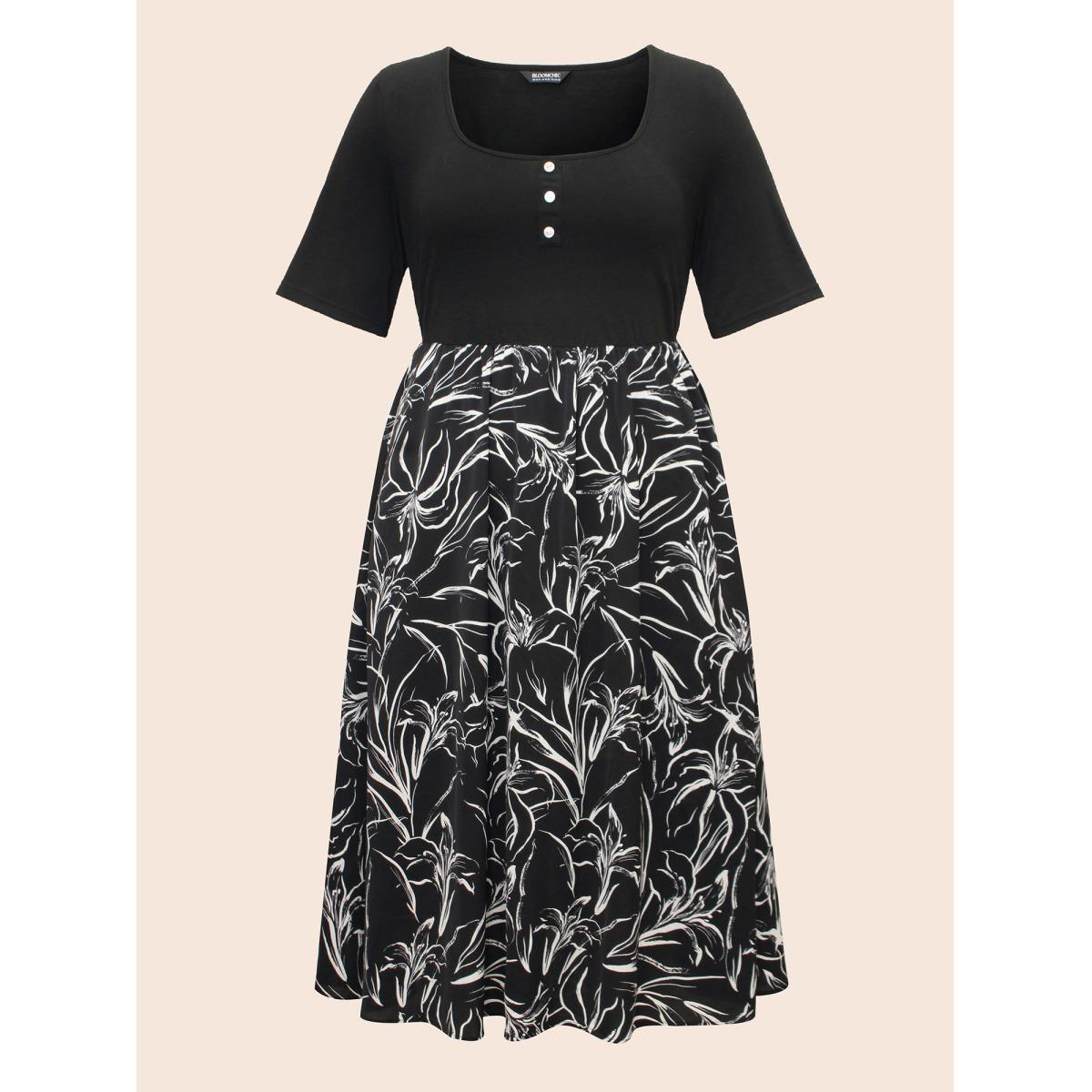 Plus Size Floral Square Neck Patchwork Button Detail Dress Black Women At the Office Patchwork Square Neck Half Sleeve Curvy BloomChic 26/4X Product Image