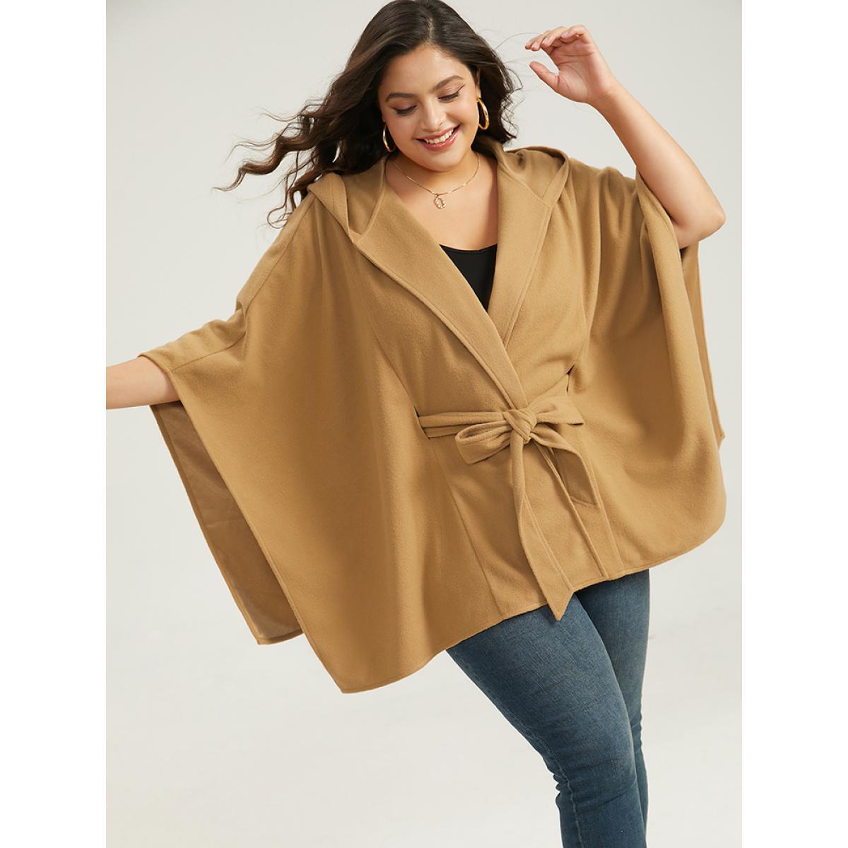 Plus Size Solid Hooded Belted Batwing Sleeve Jacket Women Chocolate Casual Plain Ladies Dailywear Winter Coats BloomChic 12/L Product Image