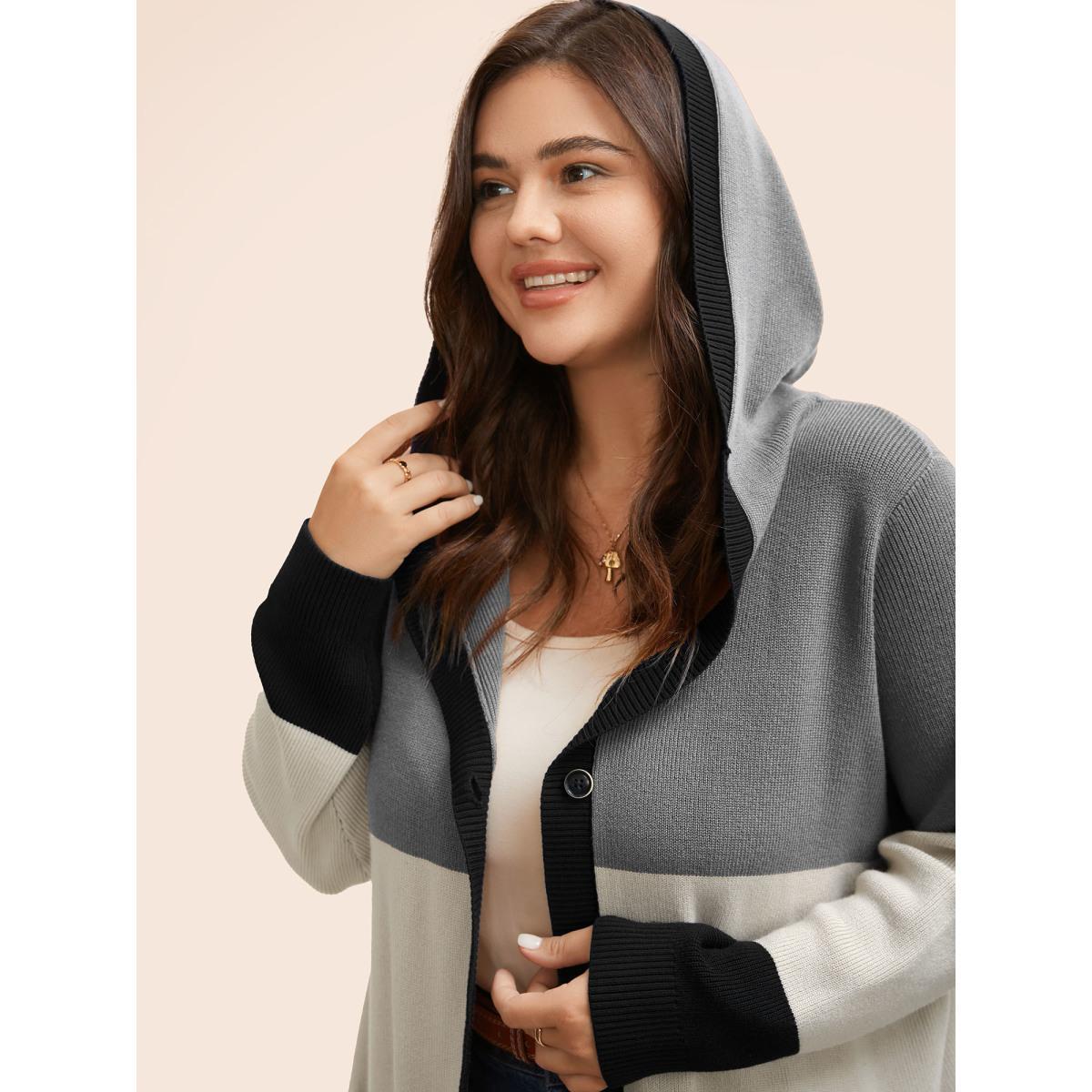 Plus Size Colorblock Contrast Patched Pocket Hooded Cardigan Mediumgray Women Casual Loose Long Sleeve Everyday Cardigans BloomChic 30/6X Product Image