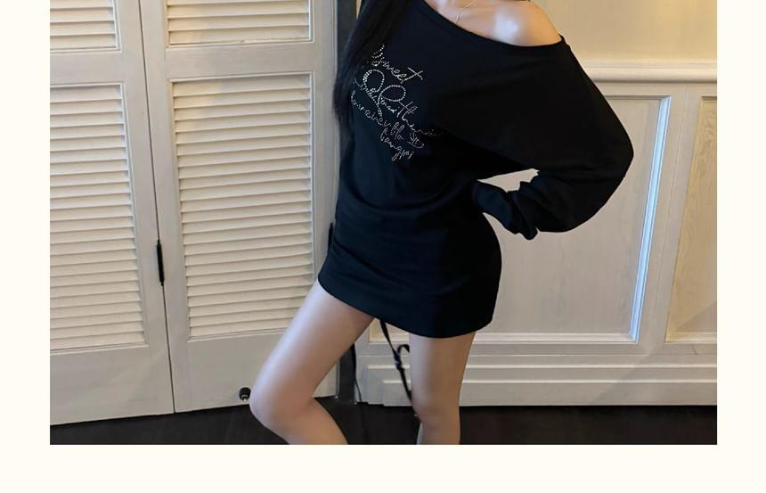 Long Sleeve Cold-Shoulder Lettering Rhinestone Mini Bodycon Dress Product Image