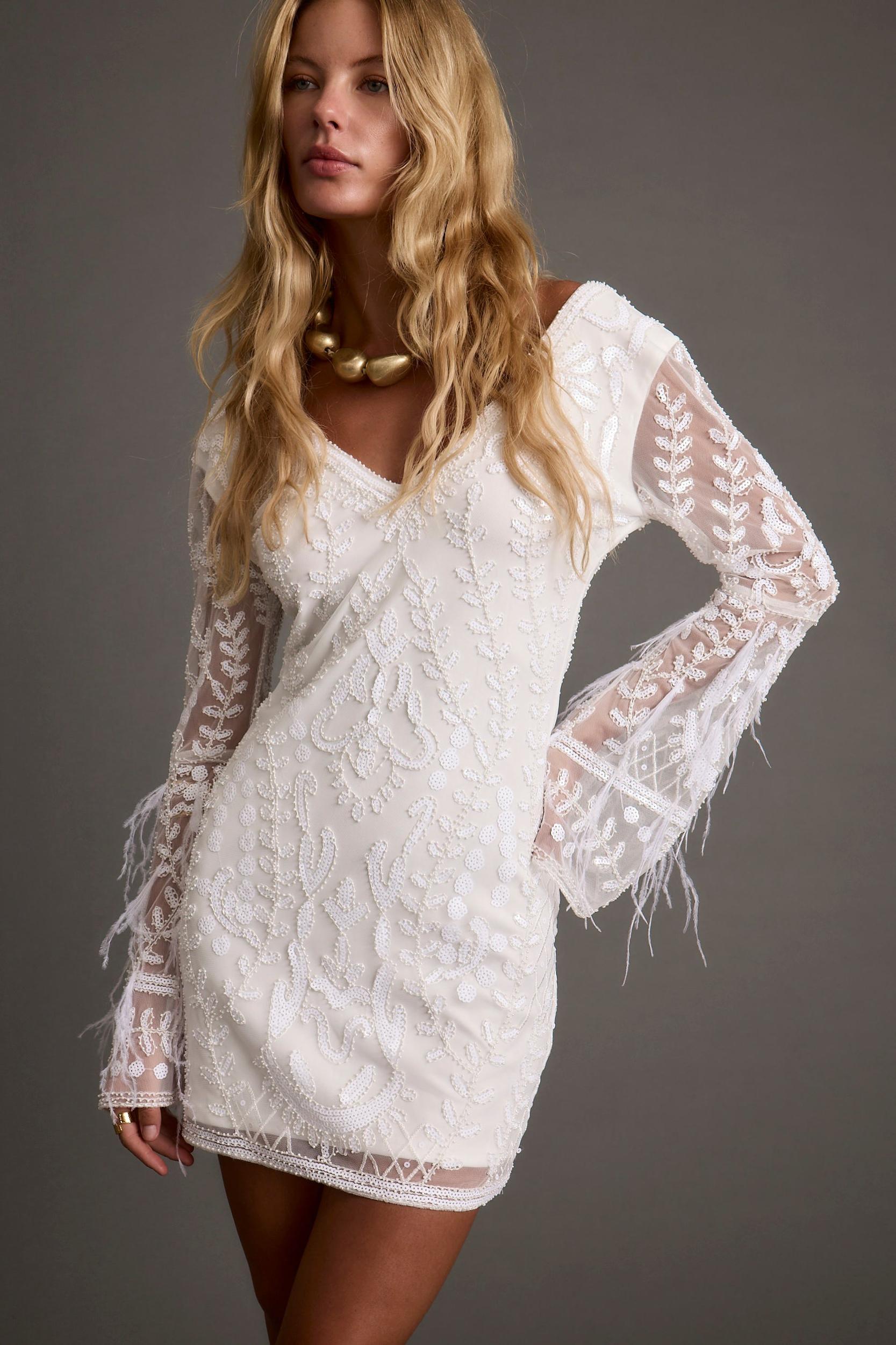 Larisa White Printed Sequin Long Sleeve Dress Product Image