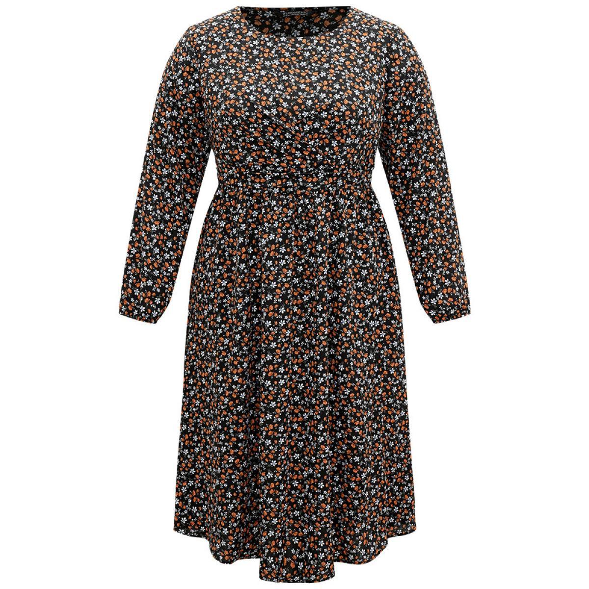 Plus Size Ditsy Floral Pocket Lantern Sleeve Knee Dress Black Women Elegant Elastic cuffs Round Neck Long Sleeve Curvy Midi Dress BloomChic 18-20/2X Product Image