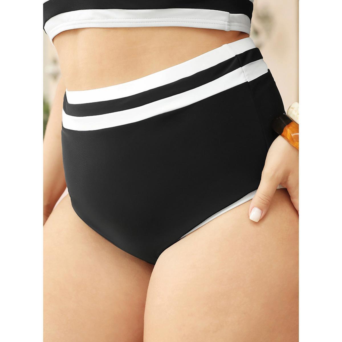 Plus Size Contrast Trim High Waist Bikini Bottom Women's Swimwear Black Vacation Contrast High stretch Skinny High Rise Curve Swim Bottoms BloomChic 26/4X Product Image