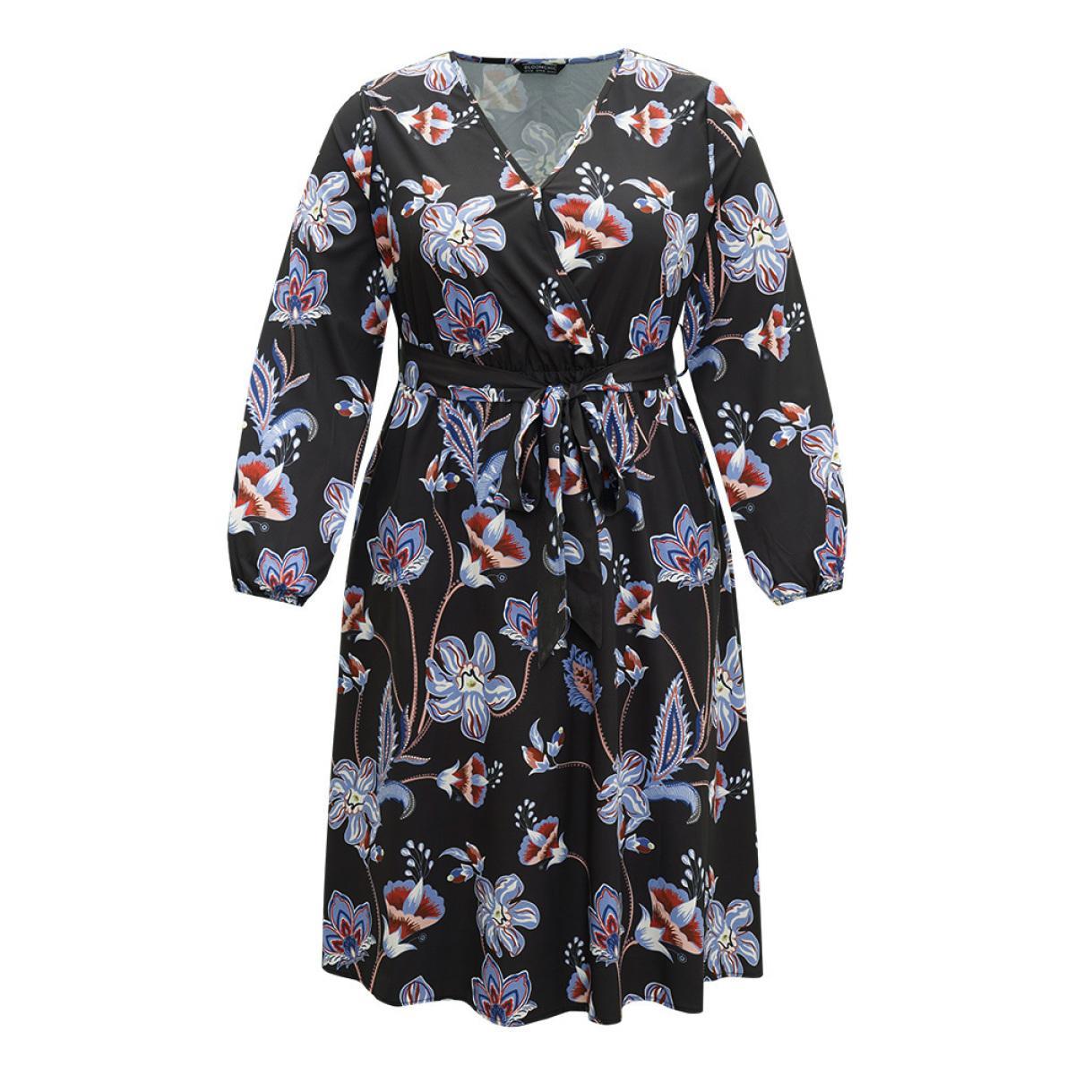 Plus Size Floral Print Elastic Cuffs Belted Dress Black Women Elegant Elastic cuffs V-neck Long Sleeve Curvy Midi Dress BloomChic 14-16/1X Product Image