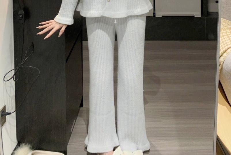 Pajama Set: Round Neck Bow Heart Button Cardigan + Straight Leg Pants Product Image