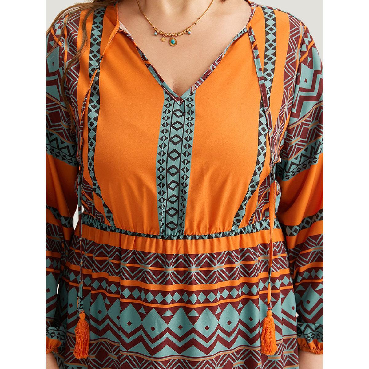 Plus Size Boho Print Tassel Tie Neck Dress OrangeRed Women Vacation Elastic cuffs Tie Neck Long Sleeve Curvy Midi Dress BloomChic 12/L Product Image