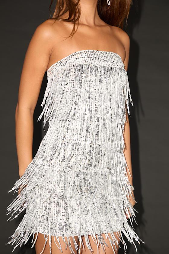 Shanelle Silver Sequin Fringe Strapless Mini Dress Product Image