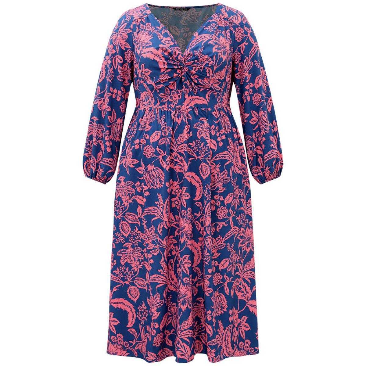 Plus Size Floral Twist Front Pocket Lantern Sleeve Dress DarkBlue Women Vacation Elastic cuffs V-neck Long Sleeve Curvy Midi Dress BloomChic 10/M Product Image