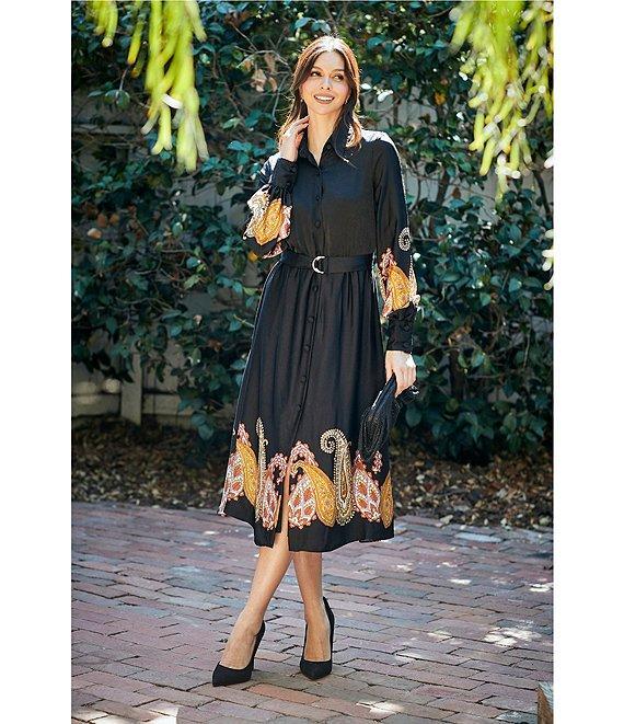 Moda Tara Paisley Satin Button Front Long Sleeve Midi Dress Product Image