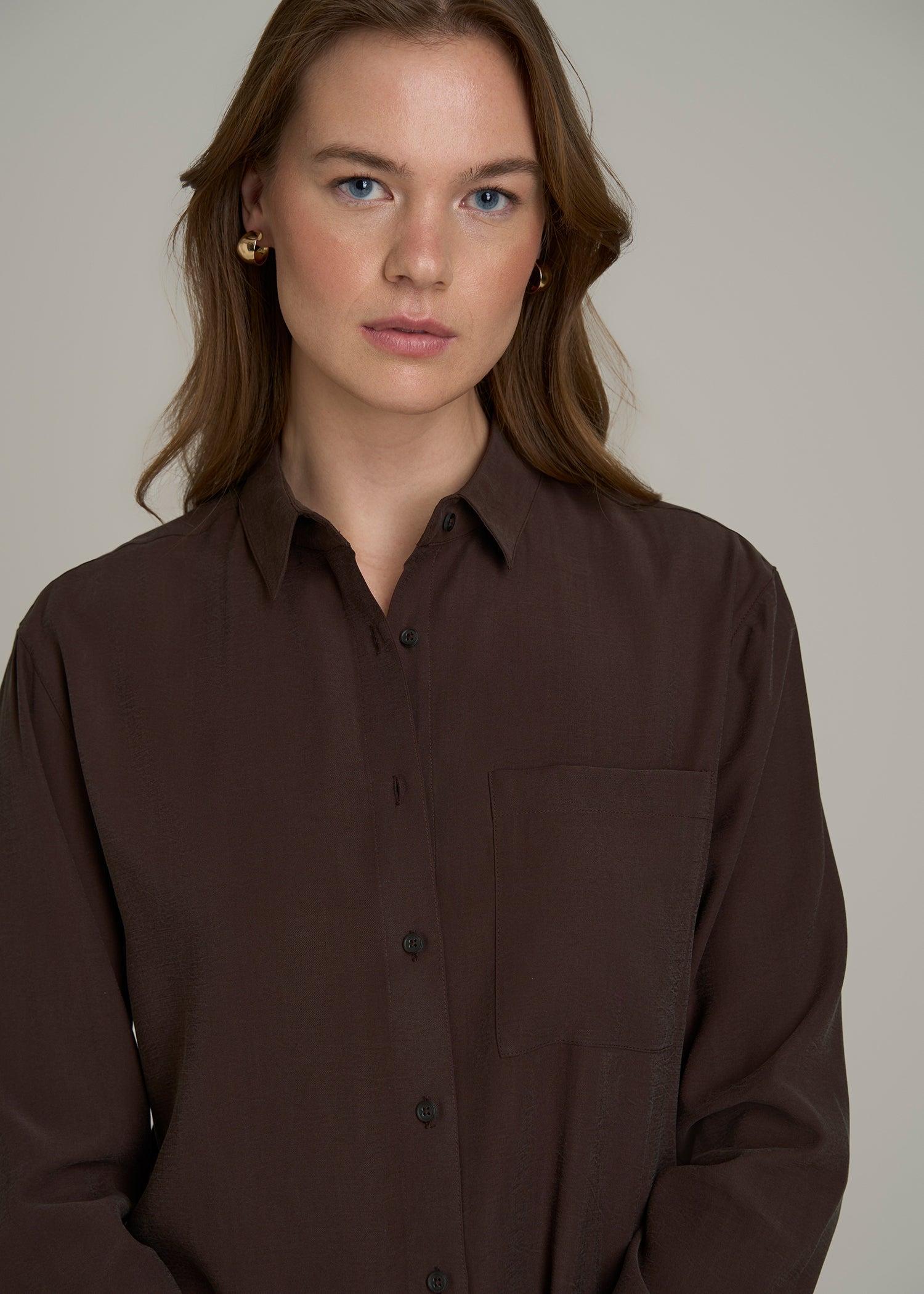 Relaxed Button-Up Single-Pocket Blouse for Tall Women in Espresso Product Image