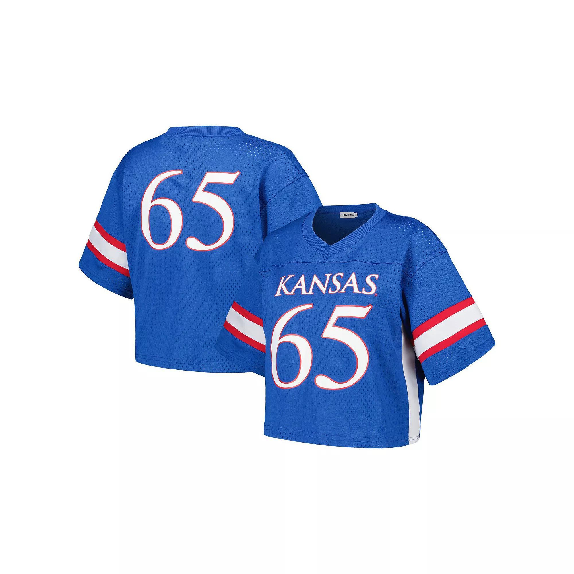 Women's Established & Co. #65 Royal Kansas Jayhawks Fashion Boxy Cropped Football Jersey, Size: Large, Blue Product Image