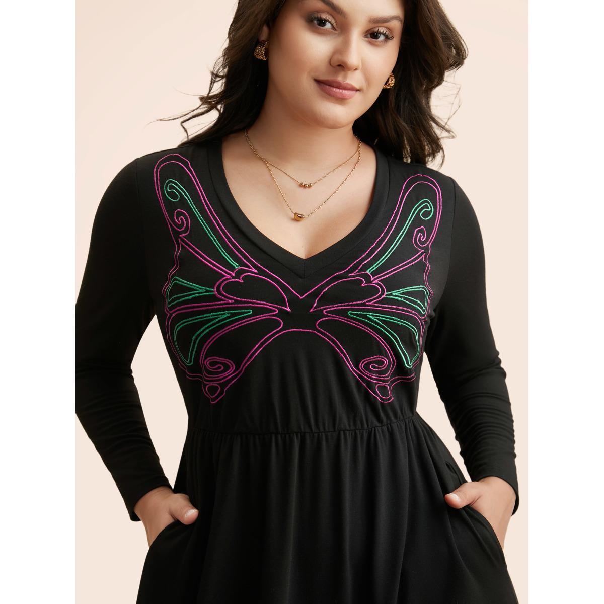 Plus Size Butterfly Embroidered V Neck Midi Dress Black Women Elegant Embroidered V-neck Long Sleeve Curvy BloomChic 10/M Product Image
