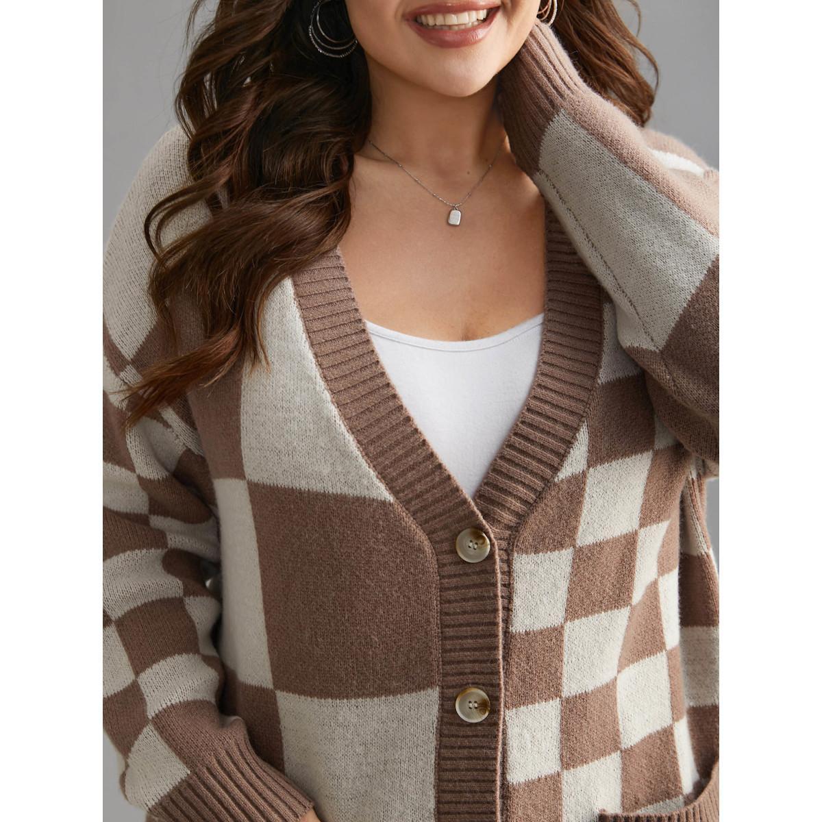 Plus Size Checkered V-Neck Button Front Knit Cardigan LightBrown Women Casual Loose Long Sleeve Everyday Cardigans BloomChic 28/5X Product Image