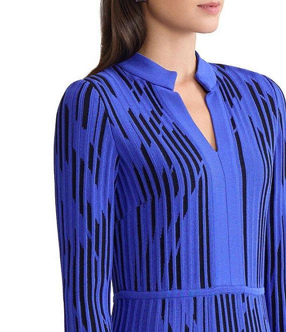 Ming Wang Dual-Toned Soft Knit Split V-Neck 3/4 Sleeve Dress Product Image