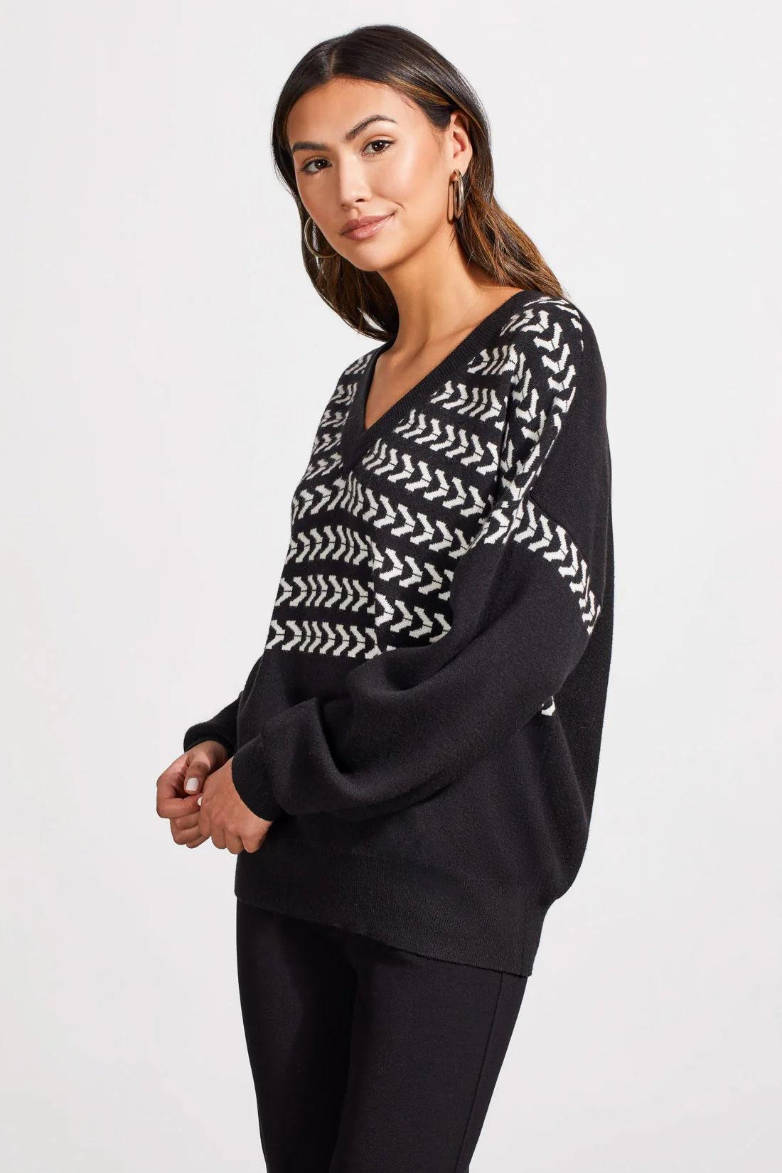 V-Neck Intarsia Sweater- Black Product Image