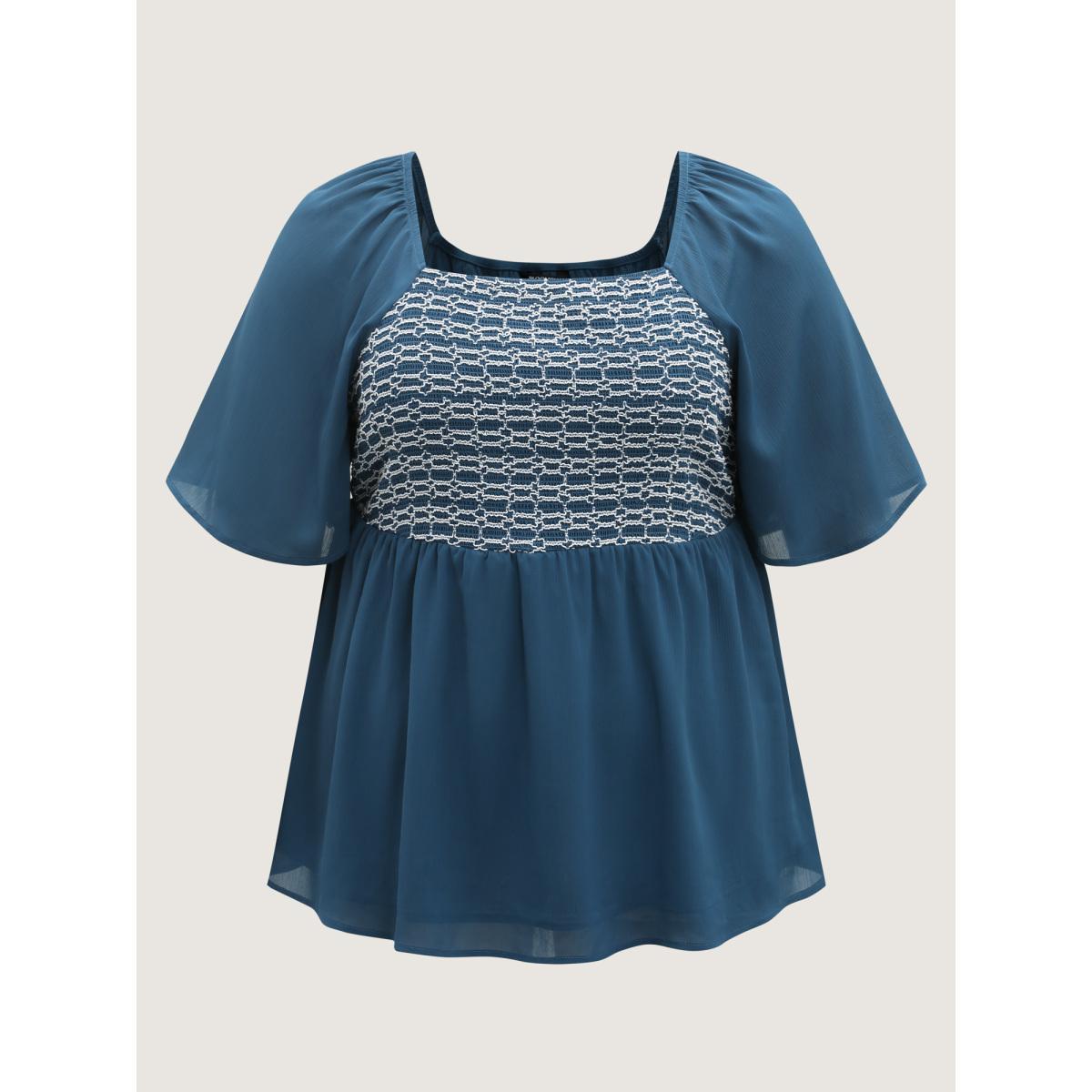 Plus Size Aegean Shirred Ruffled Sleeve Color Contrast Blouse Women Half Sleeve Square Neck Vacation Blouses BloomChic 26/4X Product Image
