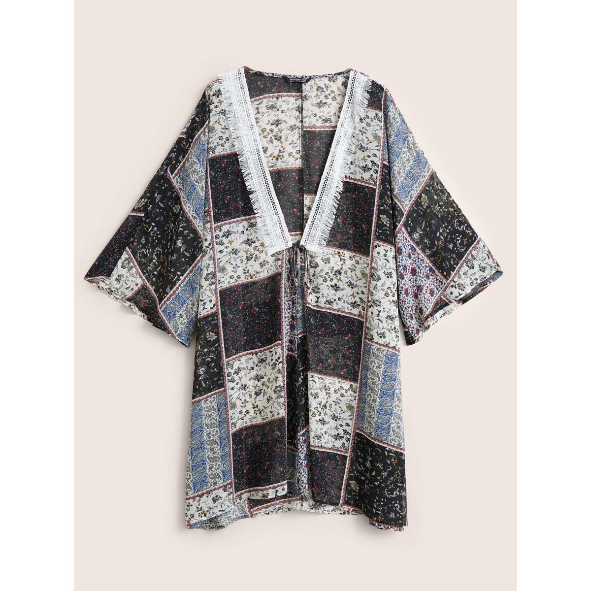 Plus Size Bandana Lace Panel Ties Patchwork Mesh Kimono Women BlackFlower Resort Woven ribbon&lace trim Vacation Kimonos BloomChic 28/5X Product Image
