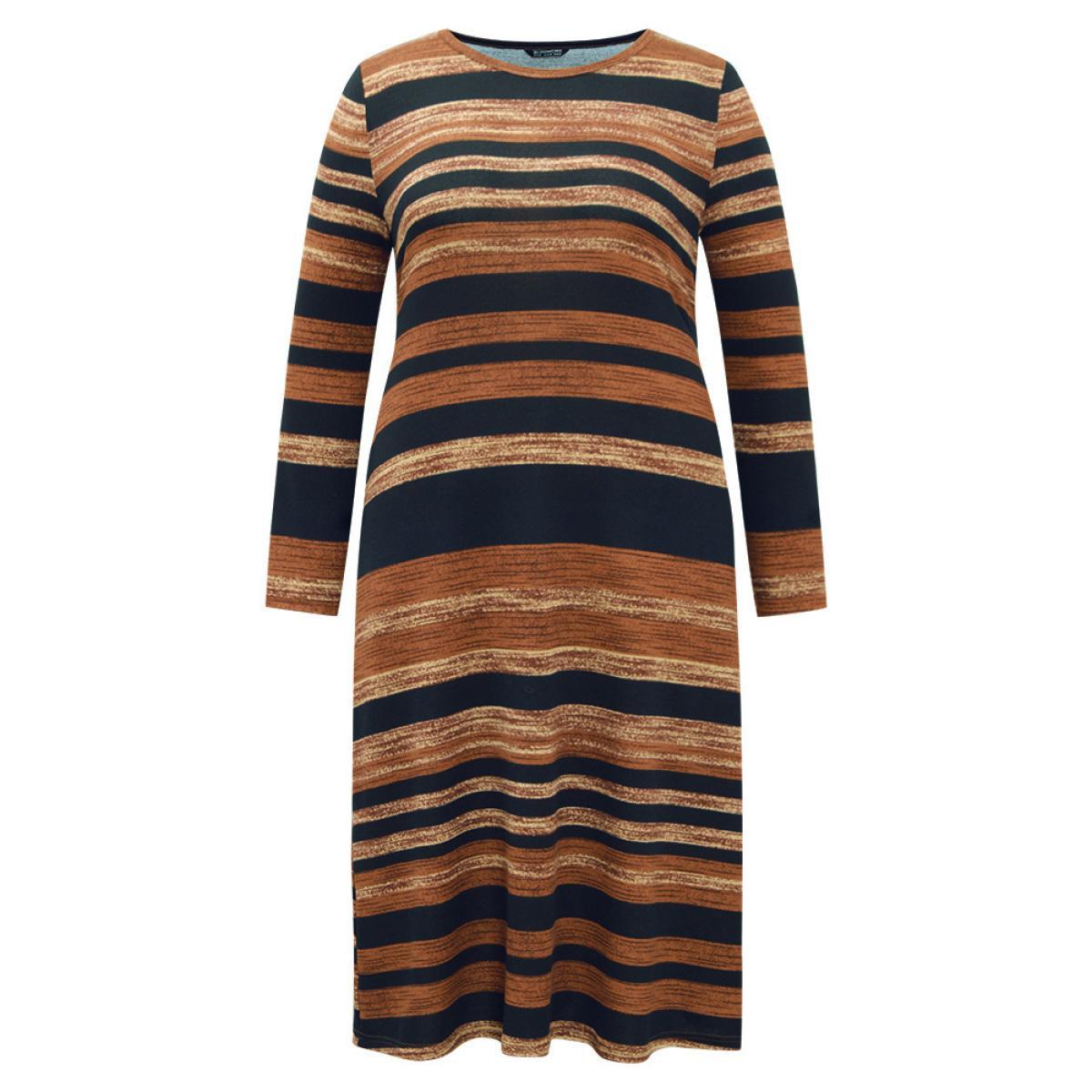 Plus Size Striped Contrast Elastic Waist Crew Neck Knit Dress DarkBrown Women Casual Printed Round Neck Long Sleeve Curvy Midi Dress BloomChic 18-20/2X Product Image